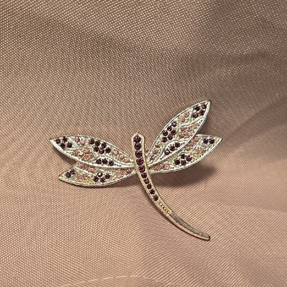 Elegant Dragonfly Brooch with Red, Pink and Silver Accents